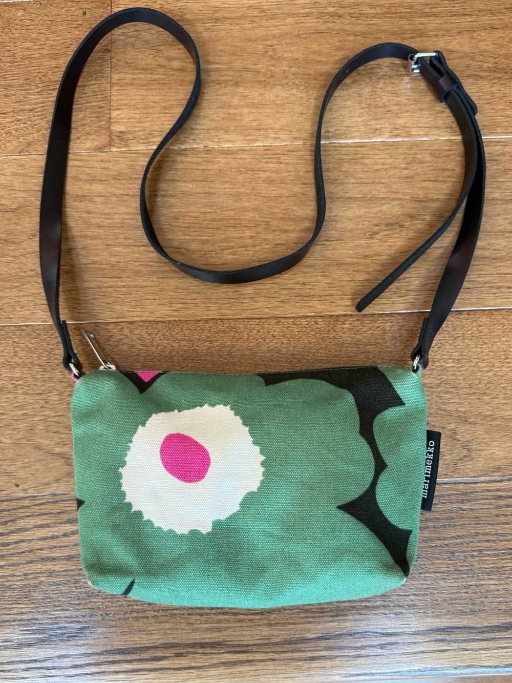 Marimekko  Floral Shoulder Bag. Black leather strap.